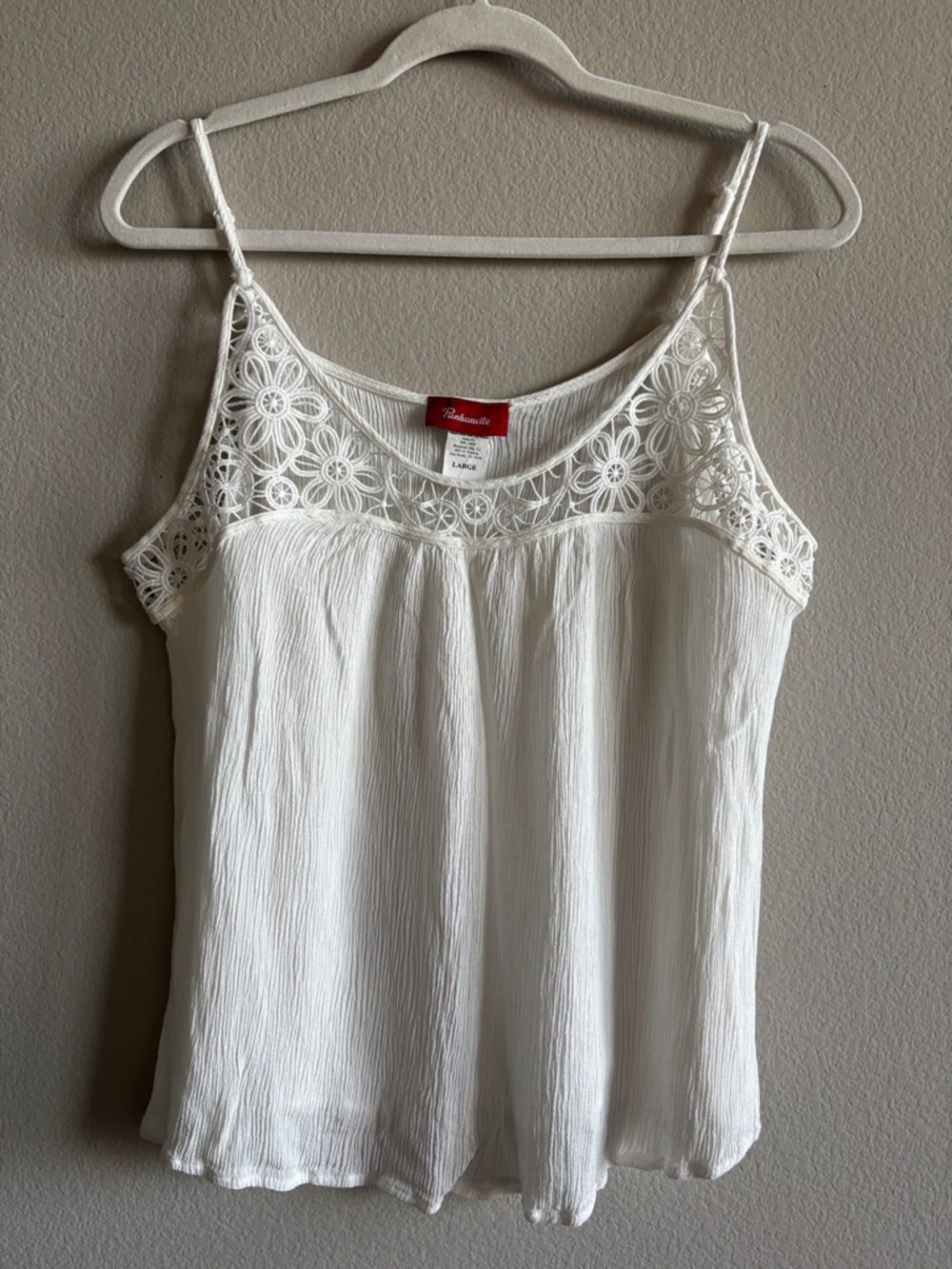 Panhandle Lace-Yoke Camisole White Adjustable Spaghetti Strap Camisole Size L